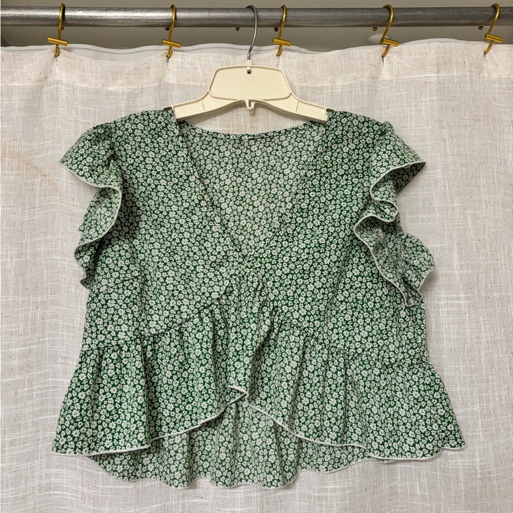 Green Floral Ruffle Top